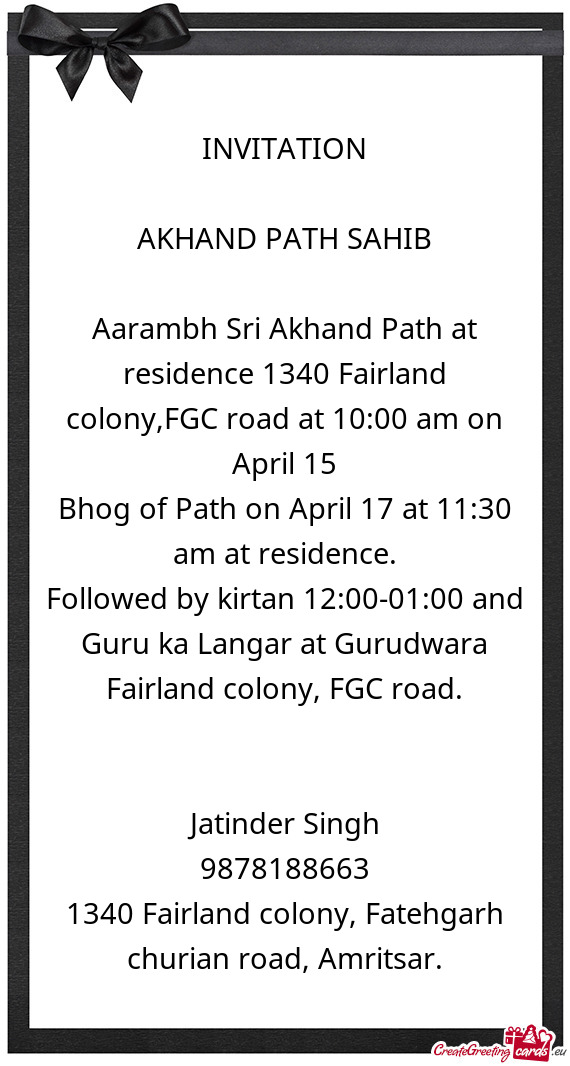 Bhog of Path on April 17 at 11:30 am at residence