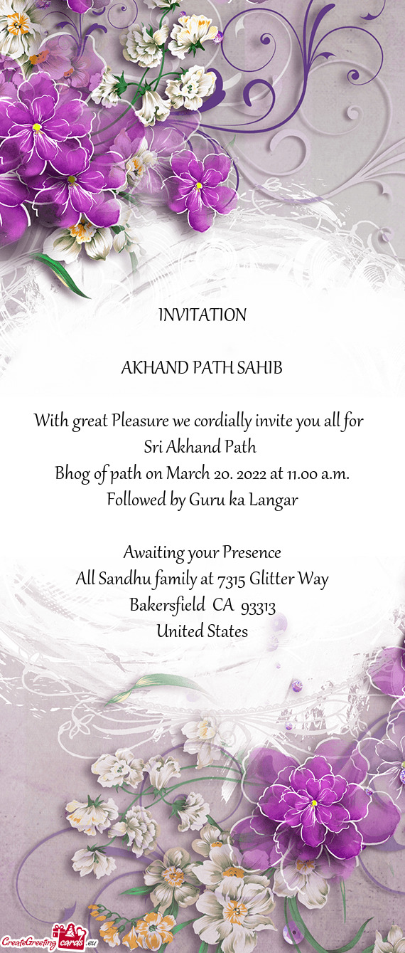 Bhog of path on March 20. 2022 at 11.00 a.m