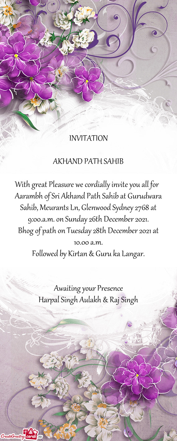 Bhog of path on Tuesday 28th December 2021 at 10.00 a.m