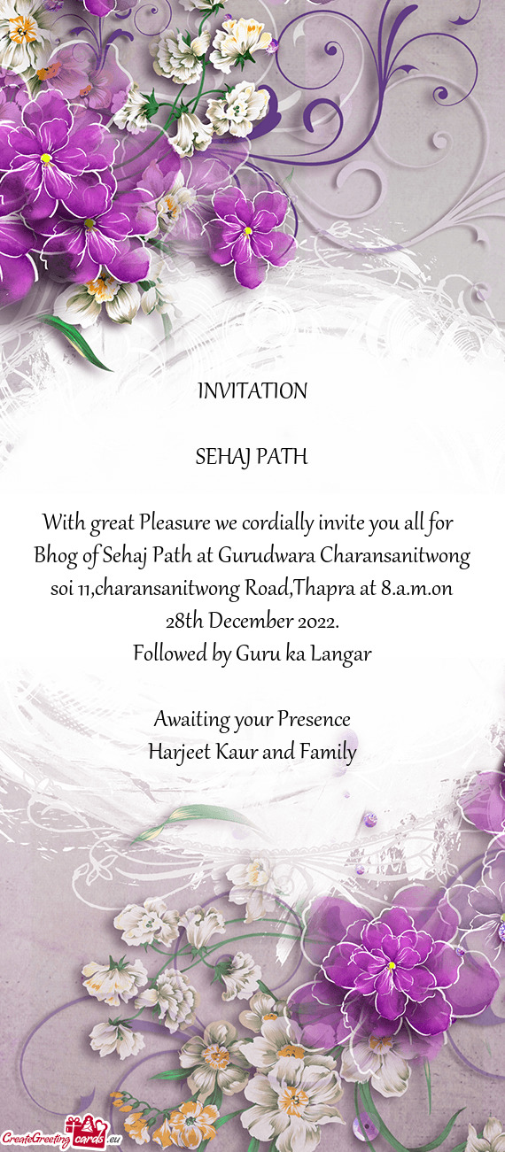 Bhog of Sehaj Path at Gurudwara Charansanitwong soi 11,charansanitwong Road,Thapra at 8.a.m.on 28th