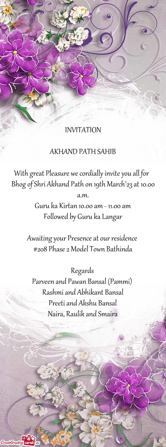 Bhog of Shri Akhand Path on 19th March’23 at 10.00 a.m