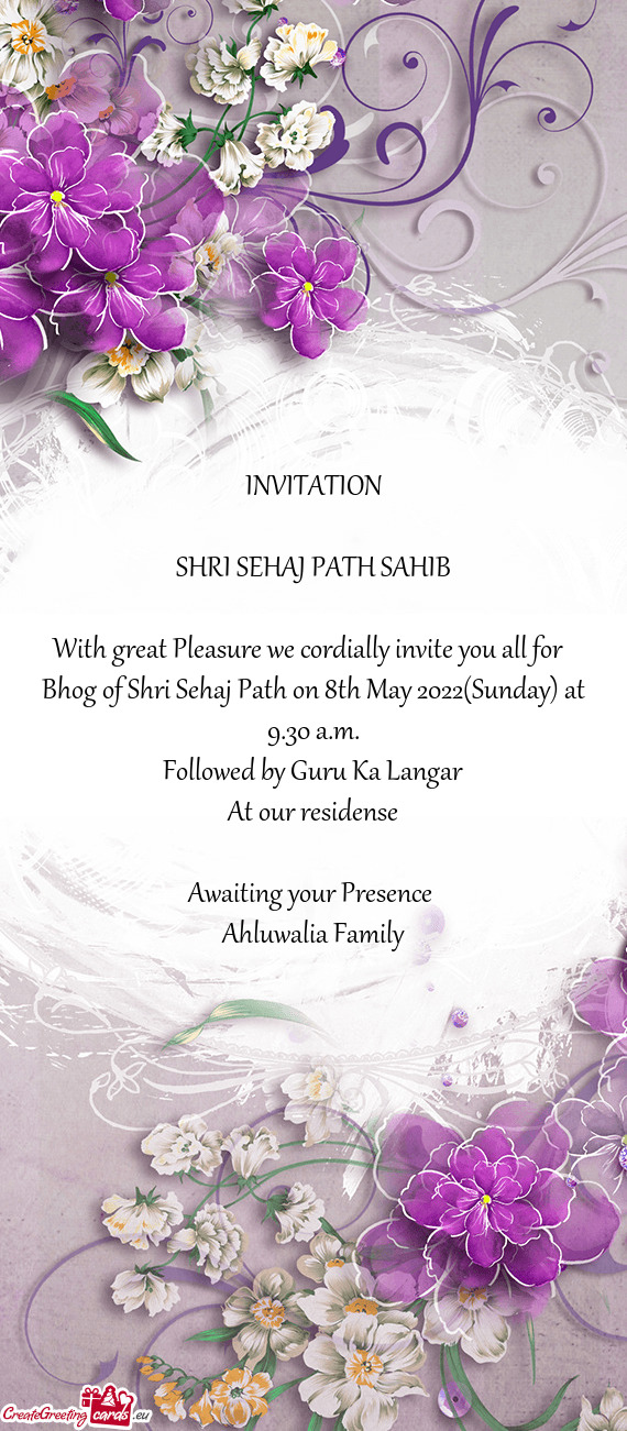 Bhog of Shri Sehaj Path on 8th May 2022(Sunday) at 9.30 a.m