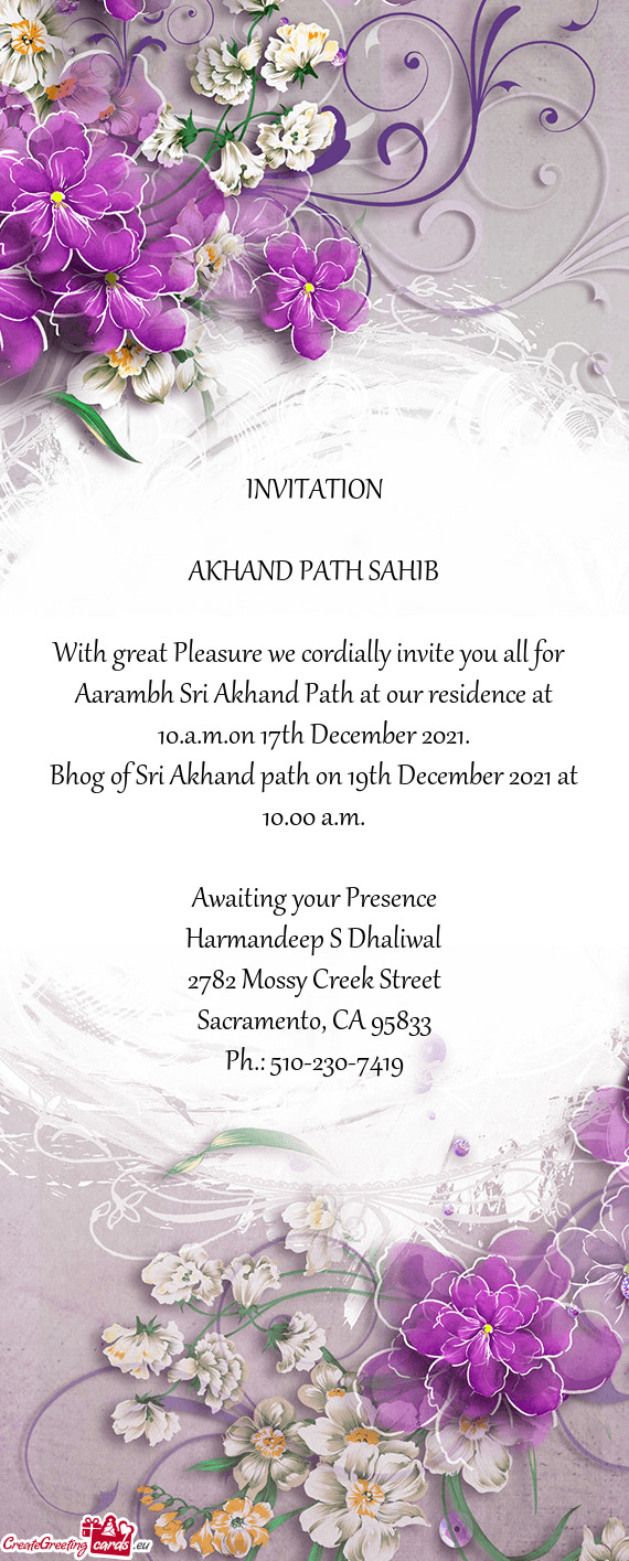 Bhog of Sri Akhand path on 19th December 2021 at 10.00 a.m