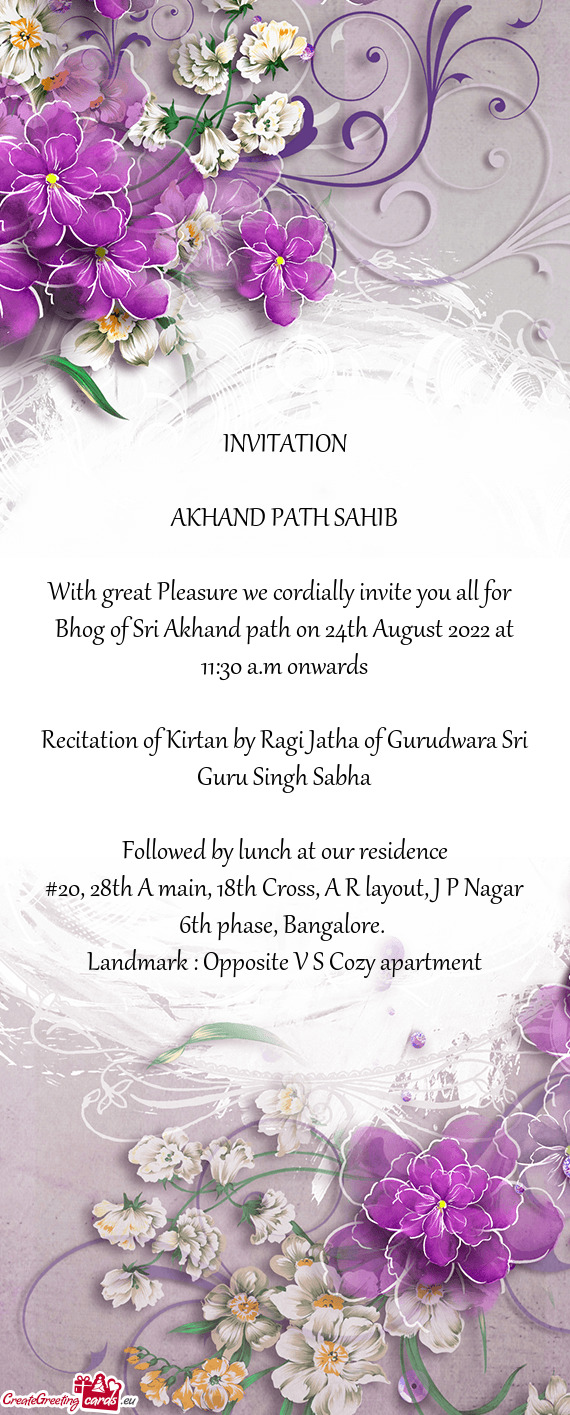 Bhog of Sri Akhand path on 24th August 2022 at 11:30 a.m onwards