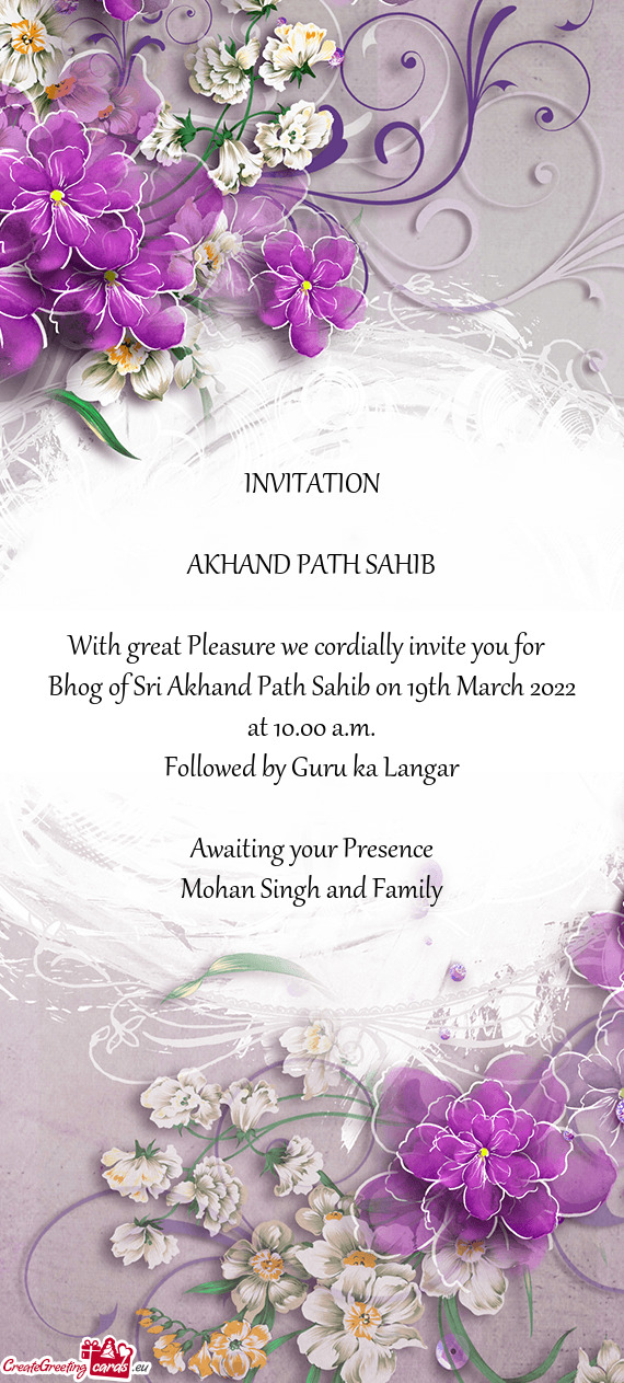 Bhog of Sri Akhand Path Sahib on 19th March 2022 at 10.00 a.m