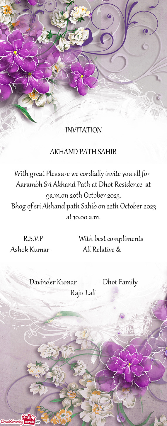 Bhog of sri Akhand path Sahib on 22th October 2023 at 10.00 a.m