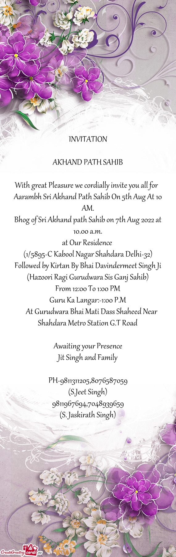Bhog of Sri Akhand path Sahib on 7th Aug 2022 at 10.00 a.m