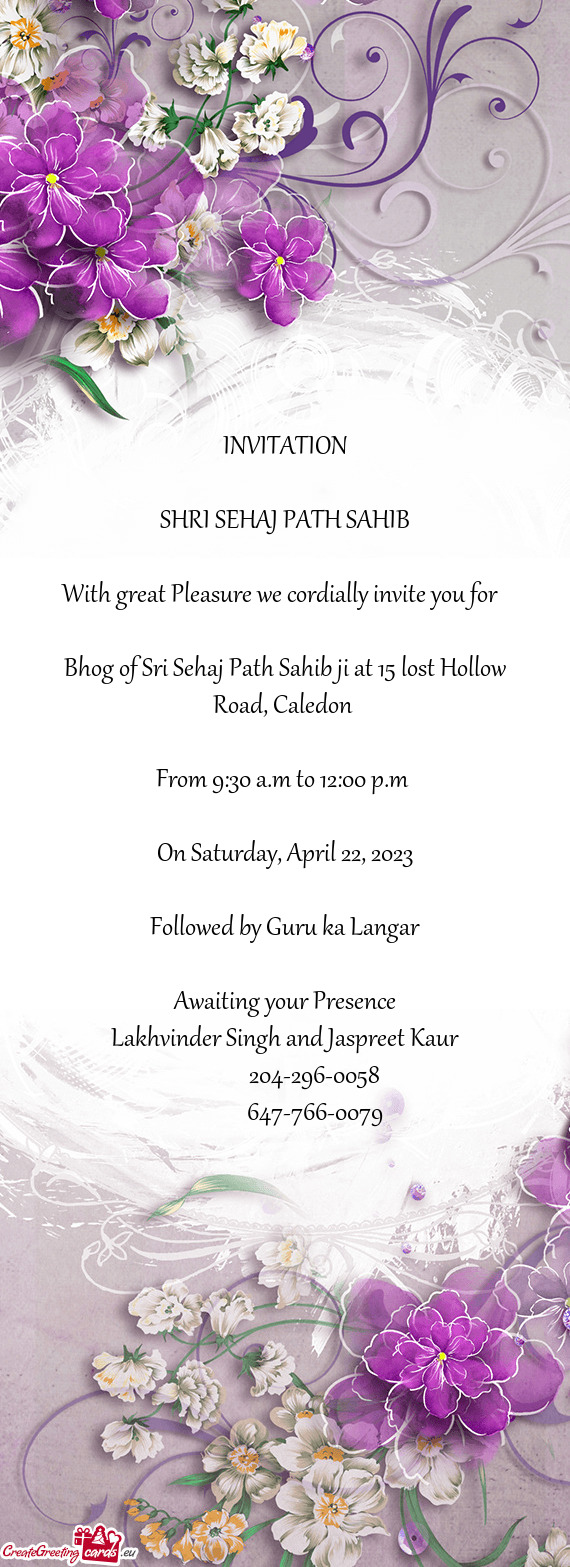 Bhog of Sri Sehaj Path Sahib ji at 15 lost Hollow Road, Caledon