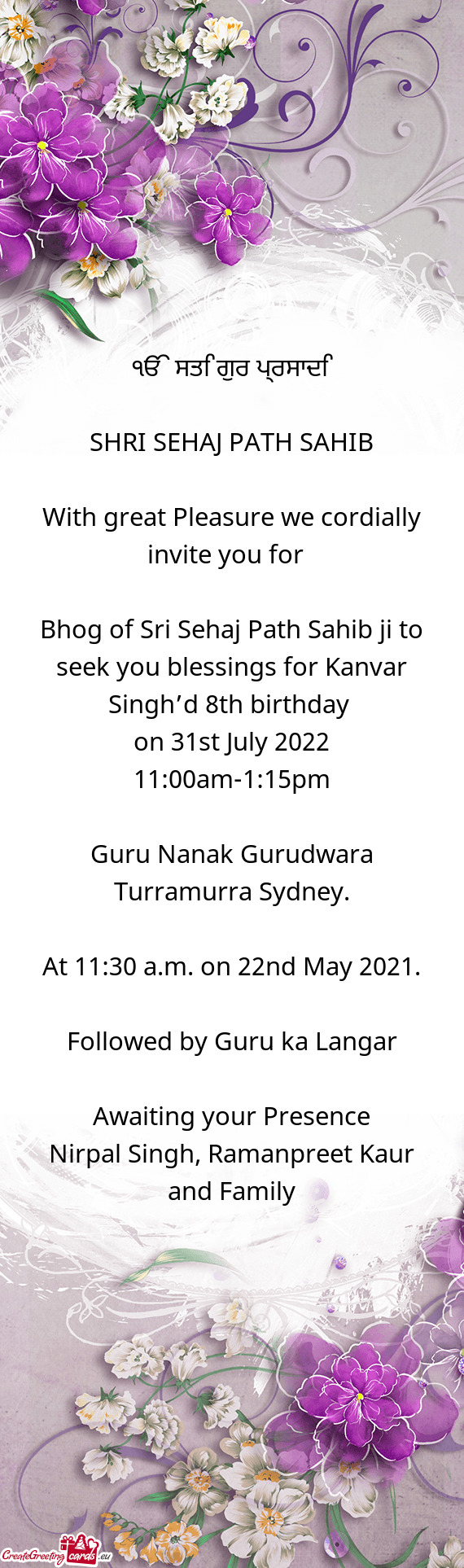 Bhog of Sri Sehaj Path Sahib ji to seek you blessings for Kanvar Singh’d 8th birthday