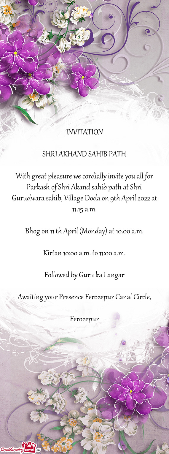 Bhog on 11 th April (Monday) at 10.00 a.m