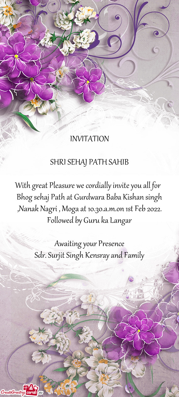 Bhog sehaj Path at Gurdwara Baba Kishan singh ,Nanak Nagri , Moga at 10.30.a.m.on 1st Feb 2022