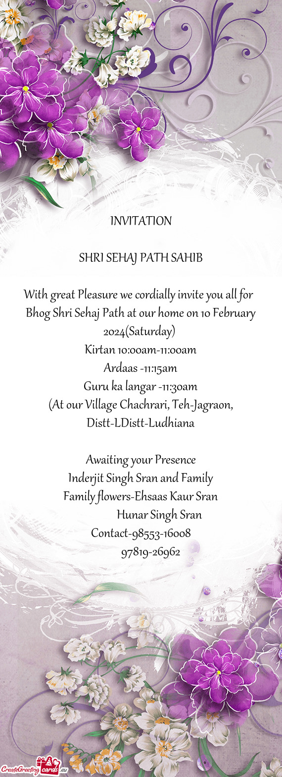 Bhog Shri Sehaj Path at our home on 10 February 2024(Saturday)