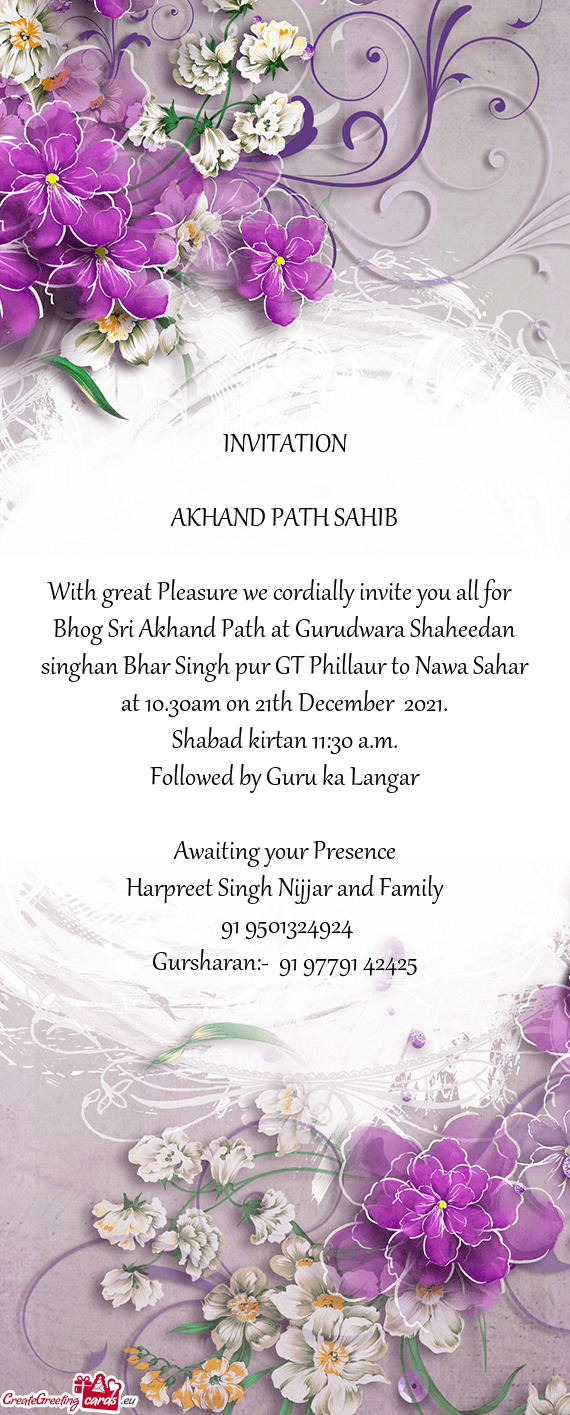 Bhog Sri Akhand Path at Gurudwara Shaheedan singhan Bhar Singh pur GT Phillaur to Nawa Sahar at 10.3