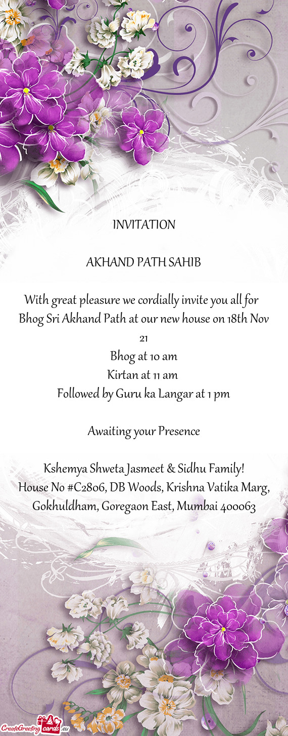 Bhog Sri Akhand Path at our new house on 18th Nov 21