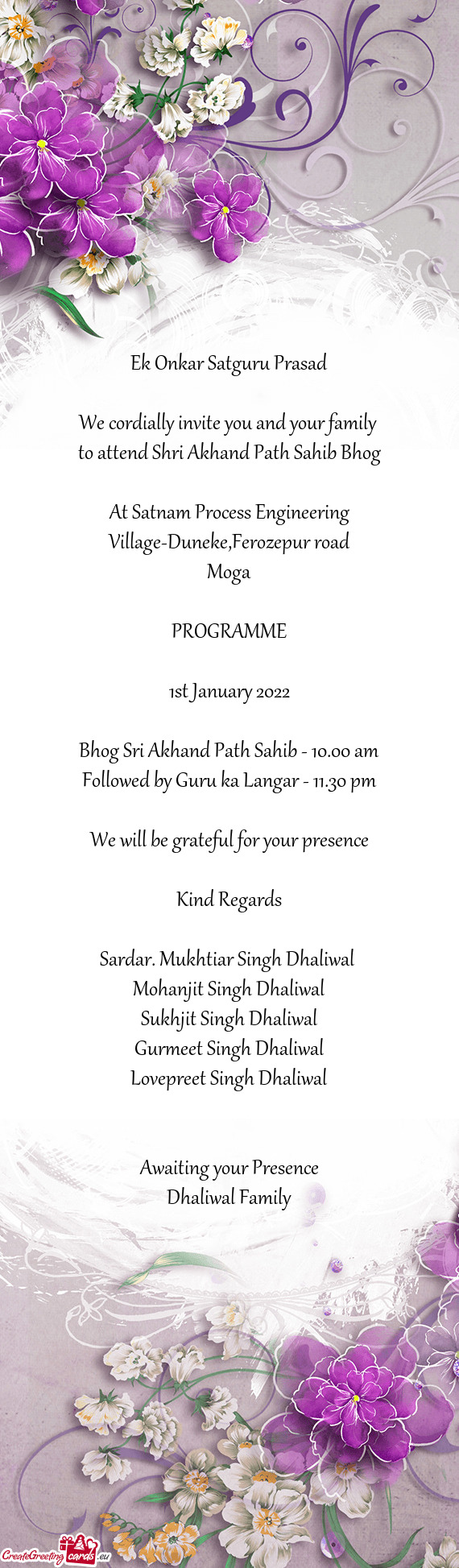 Bhog Sri Akhand Path Sahib - 10.00 am