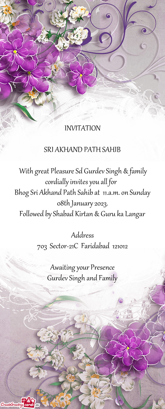 Bhog Sri Akhand Path Sahib at 11.a.m. on Sunday 08th January 2023