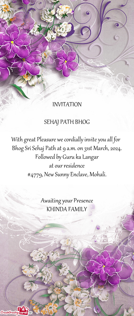 Bhog Sri Sehaj Path at 9 a.m. on 31st March, 2024