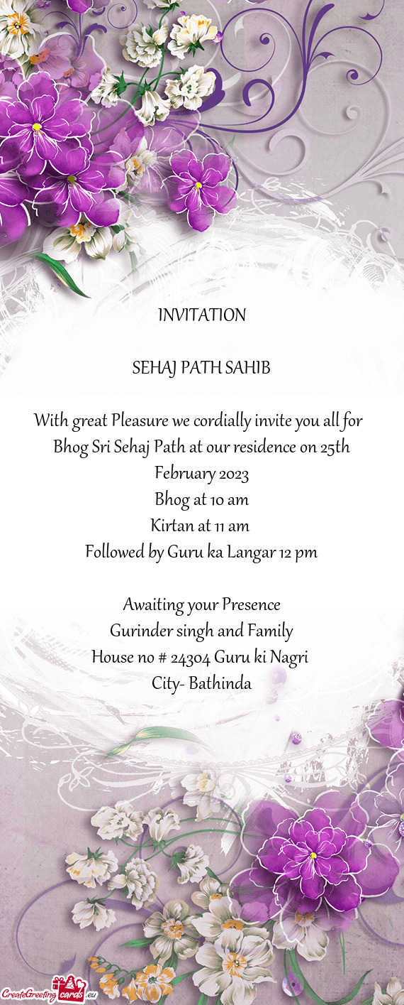 Bhog Sri Sehaj Path at our residence on 25th February 2023