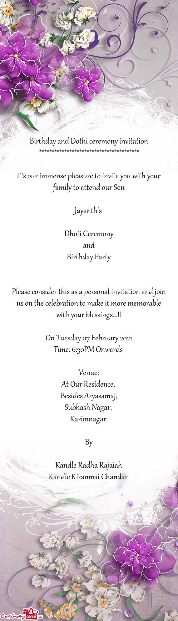 Birthday and Dothi ceremony invitation