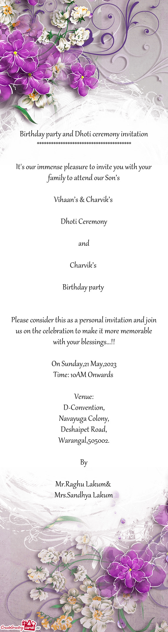 Birthday party and Dhoti ceremony invitation