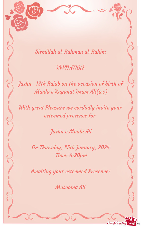 Bismillah al-Rahman al-Rahim INVITATION  Jashn 13th Rajab on the occasion of birth of Maul