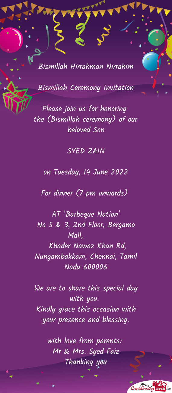 Bismillah Ceremony Invitation