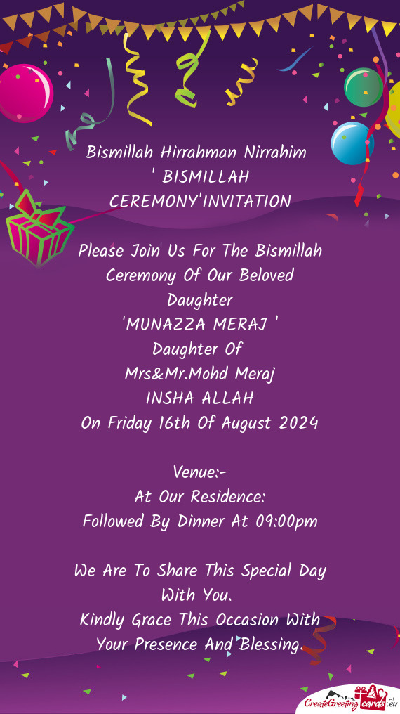 " BISMILLAH CEREMONY"INVITATION