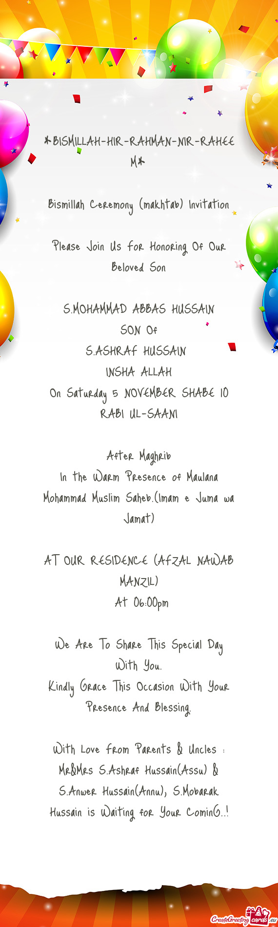 Bismillah Ceremony (makhtab) Invitation