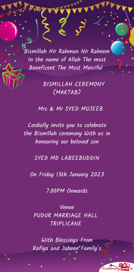 BISMILLAH CEREMONY (MAKTAB) - Free cards