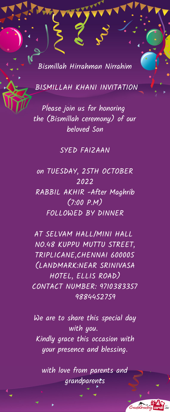 BISMILLAH KHANI INVITATION