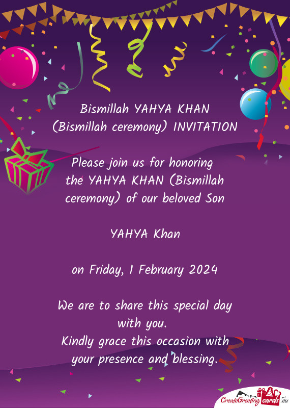 Bismillah YAHYA KHAN (Bismillah ceremony) INVITATION