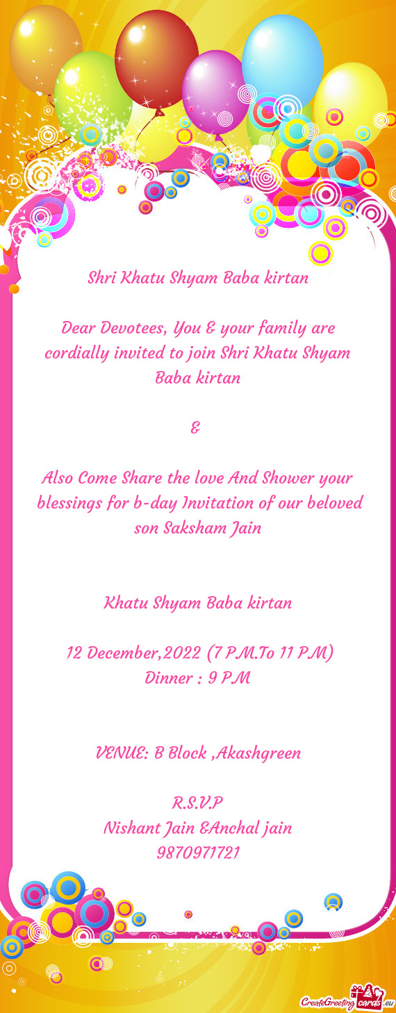 Blessings for b-day Invitation of our beloved son Saksham Jain