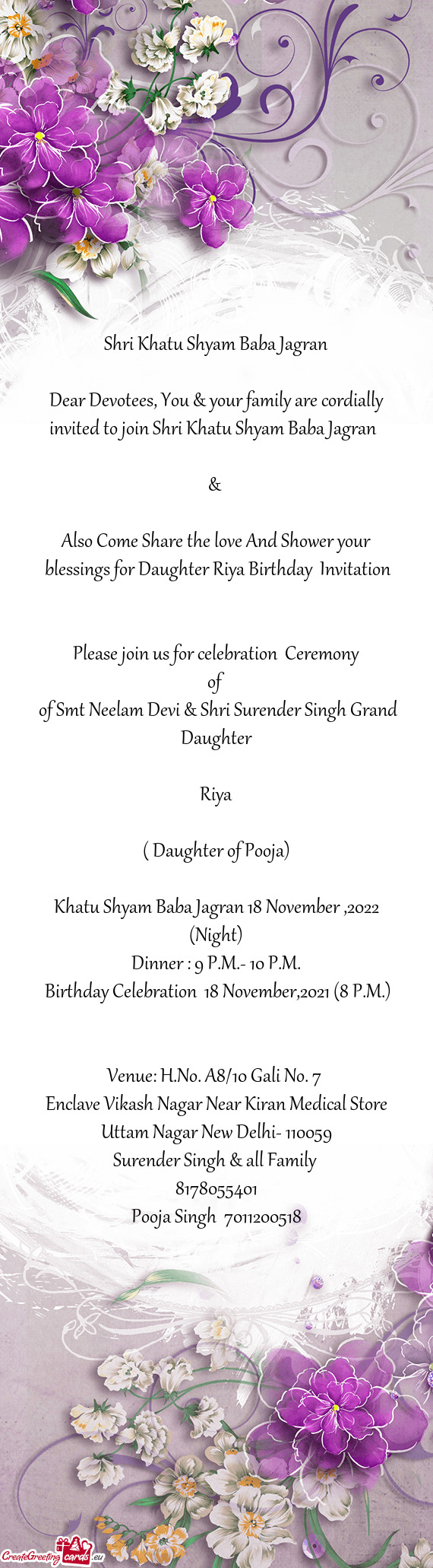 Blessings for Daughter Riya Birthday Invitation