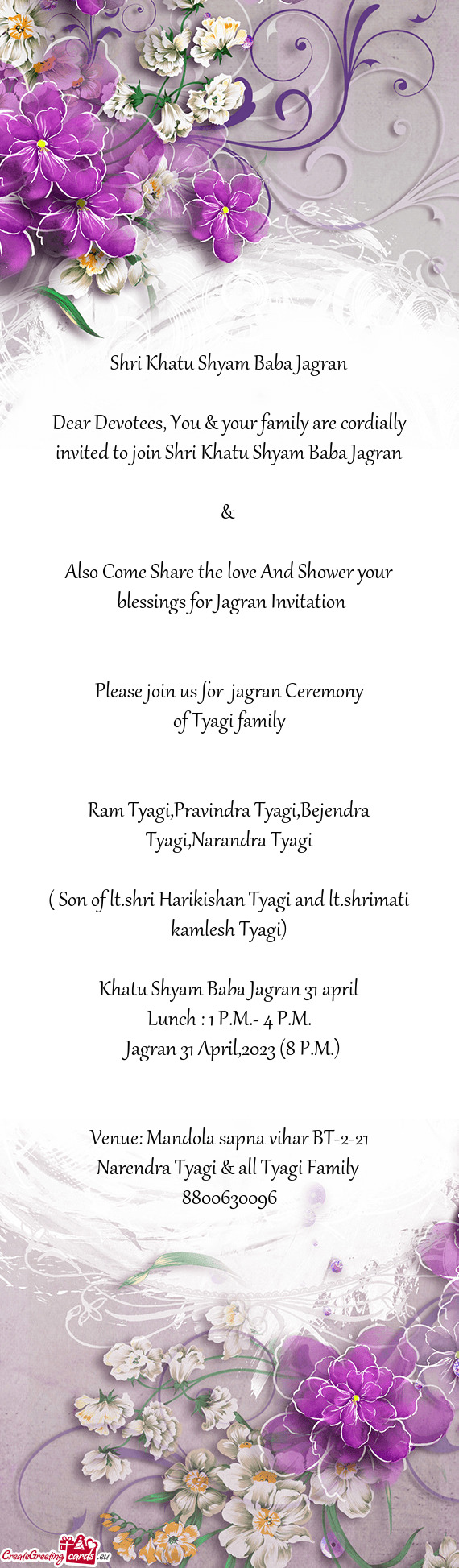 Blessings for Jagran Invitation