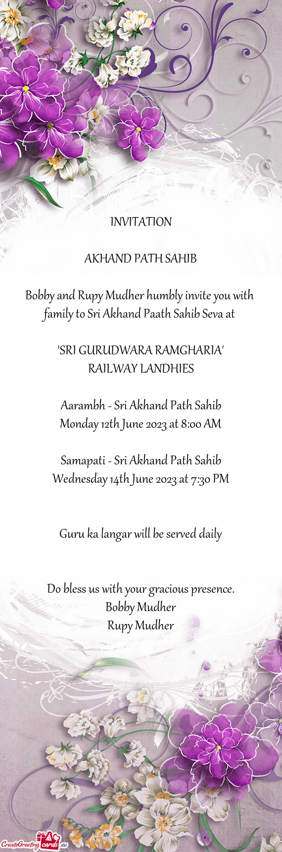 Bobby and Rupy Mudher humbly invite you with