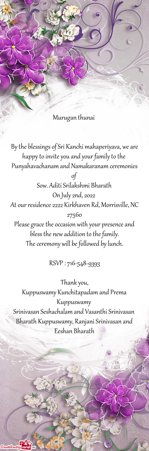 By the blessings of Sri Kanchi mahaperiyava, we are happy to invite you and your family to the