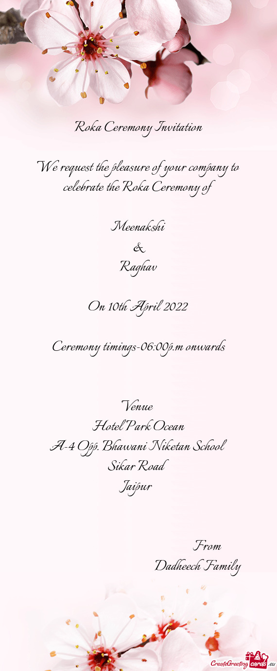 Ceremony timings-06:00p.m onwards