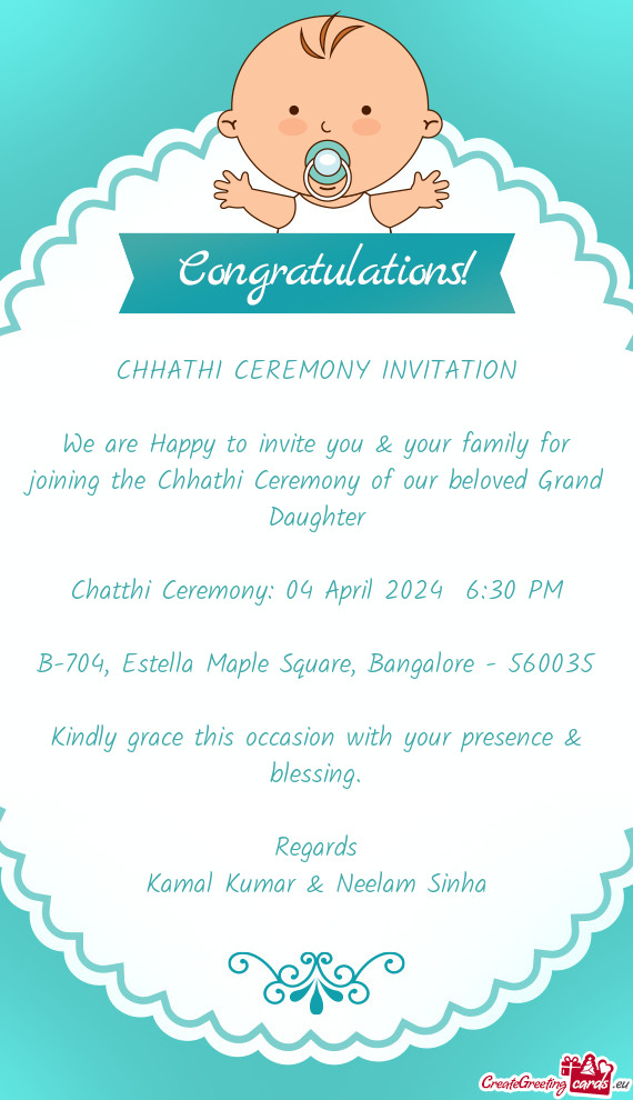 Chatthi Ceremony: 04 April 2024 6:30 PM