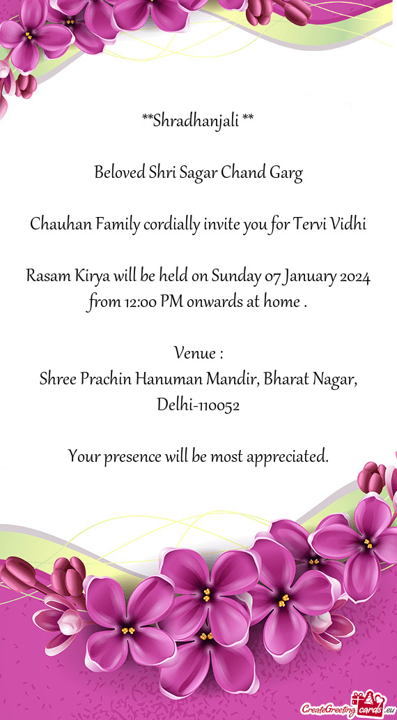 Chauhan Family cordially invite you for Tervi Vidhi