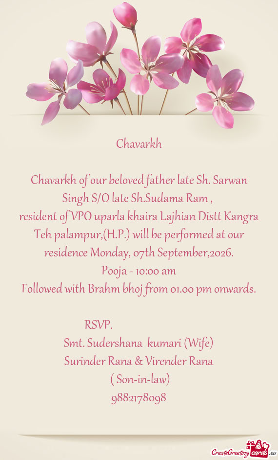 Chavarkh of our beloved father late Sh. Sarwan Singh S/O late Sh.Sudama Ram