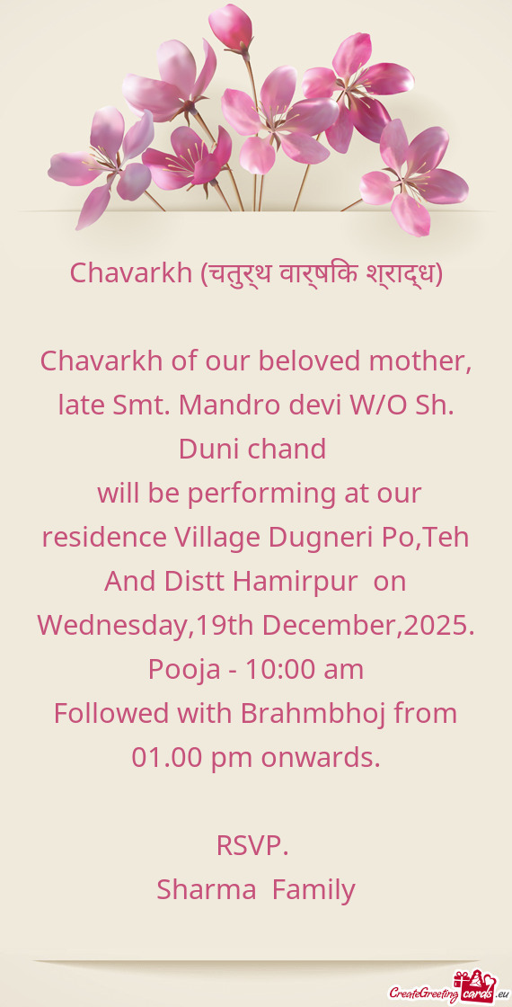 Chavarkh of our beloved mother, late Smt. Mandro devi W/O Sh. Duni chand
