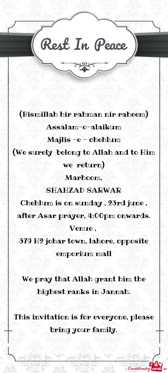 Chehlum is on sunday , 23rd june , after Asar prayer, 4:00pm onwards