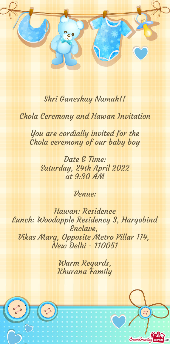 Chola Ceremony and Hawan Invitation
