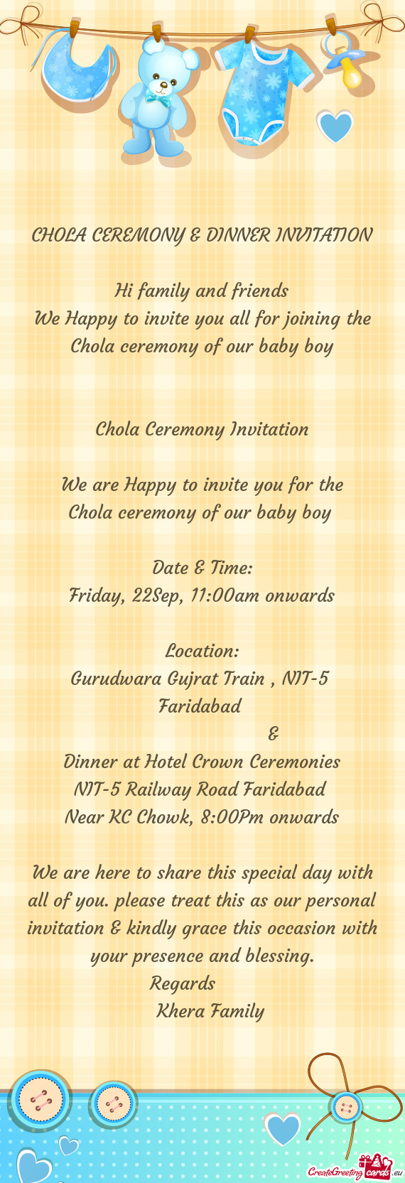 CHOLA CEREMONY & DINNER INVITATION