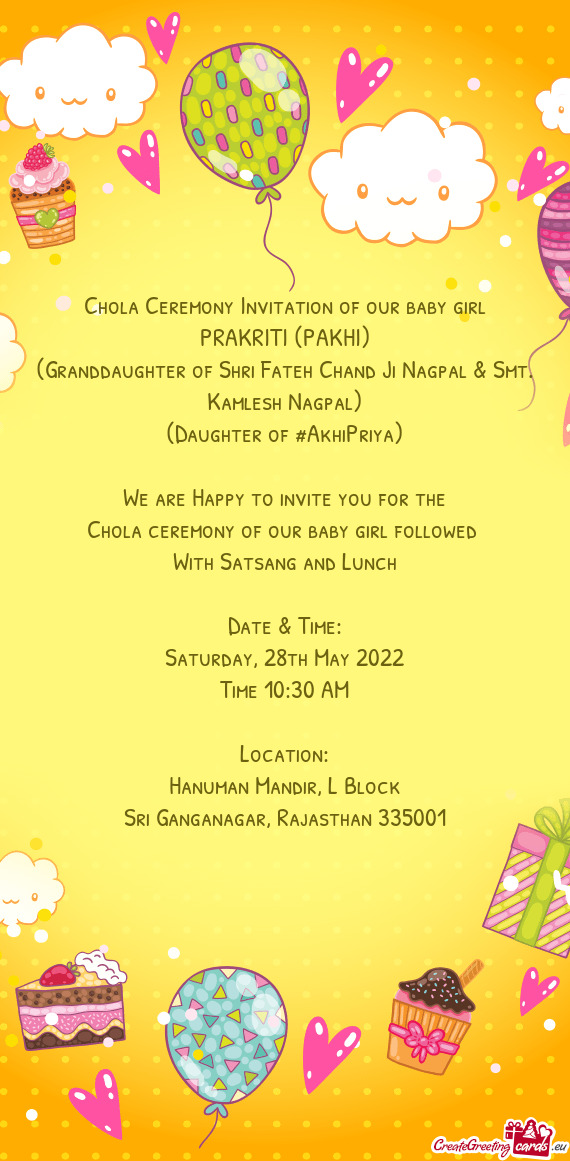 Chola Ceremony Invitation of our baby girl