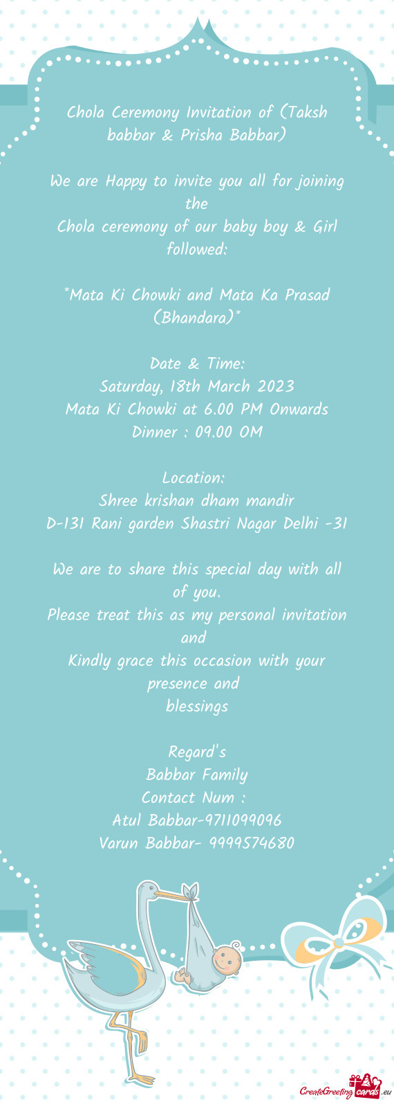 Chola Ceremony Invitation of (Taksh babbar & Prisha Babbar)