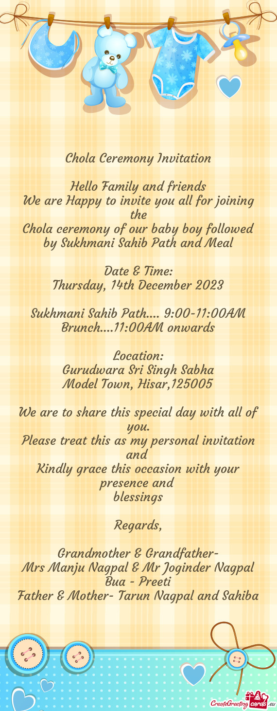 Chola ceremony of our baby boy followed by Sukhmani Sahib Path and Meal