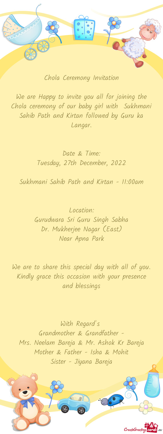 Chola ceremony of our baby girl with Sukhmani Sahib Path and Kirtan followed by Guru ka Langar