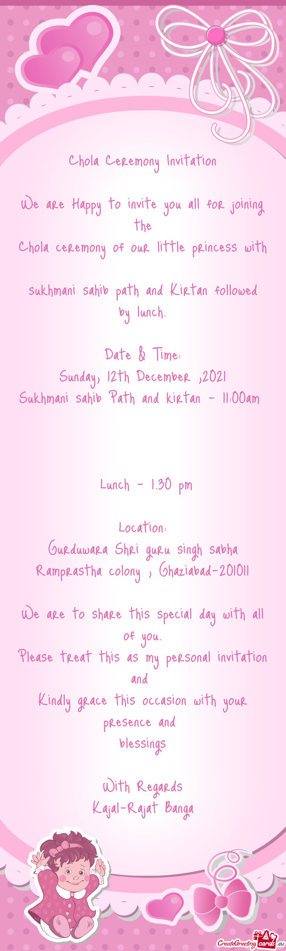 Chola ceremony of our little princess with sukhmani sahib path and Kirtan followed by lunch