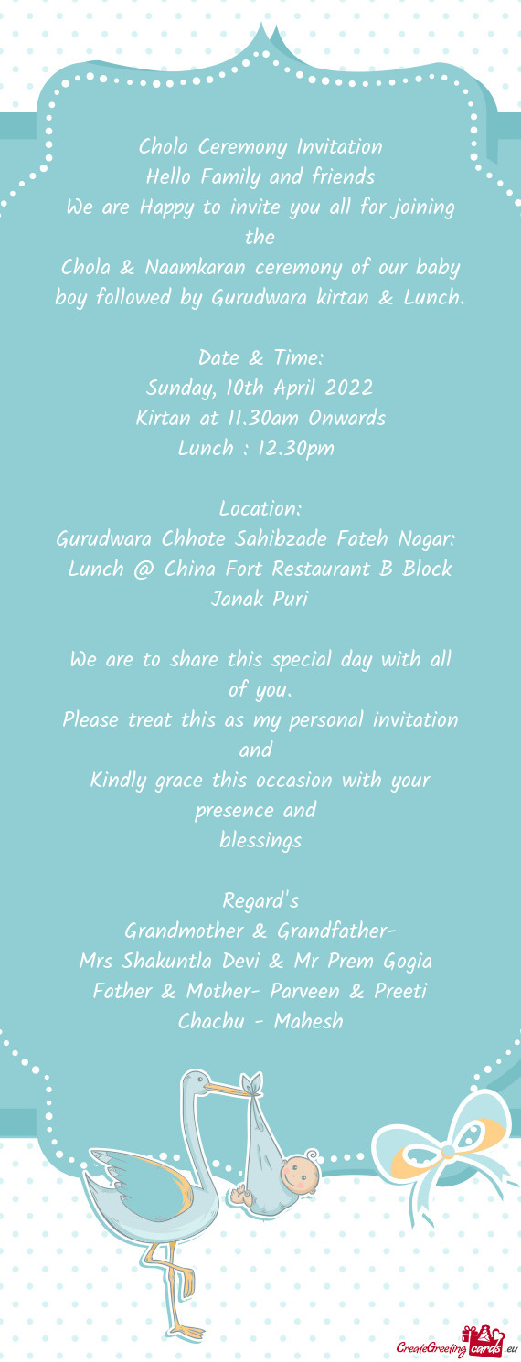 Chola & Naamkaran ceremony of our baby boy followed by Gurudwara kirtan & Lunch